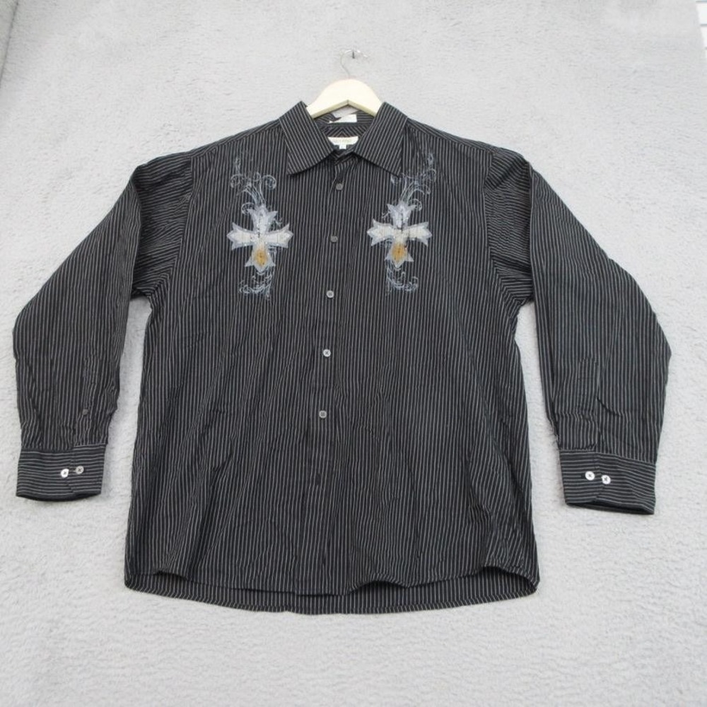 Eighth Avenue Shirt Mens XL Black Pinstripe Button Down Cross‎ Graphic Casual